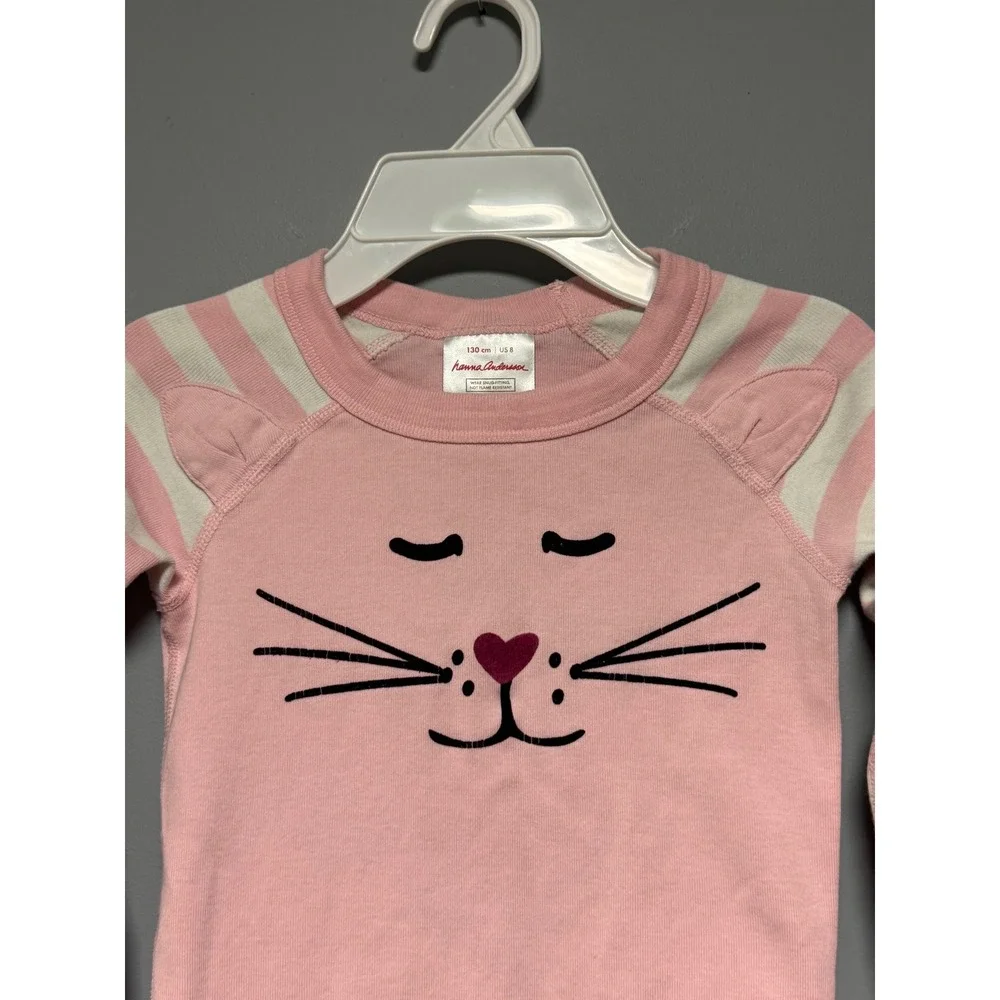 Hanna Andersson Girls Pink Cat Face Pajama Top Organic Cotton Striped Size 8 130